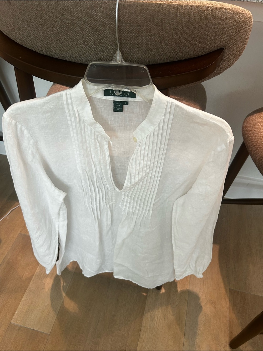 Lauren Ralph Lauren White Linen Pintuck Split-Neck Blouse